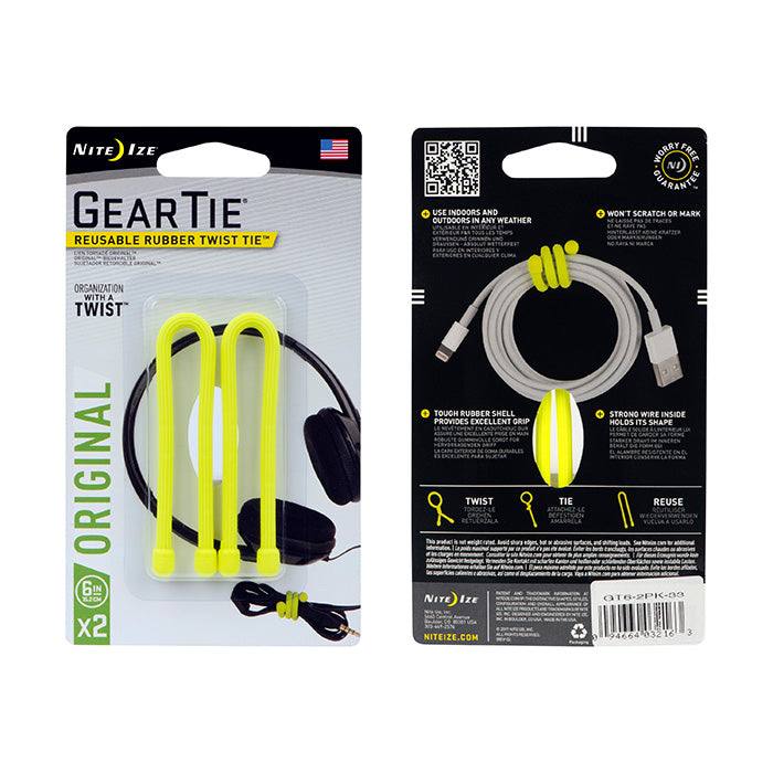 nite ize gear tie Nite Ize Gear Tie Reusable Rubber Twist Tie, 2 Pack Neon Yellow 6"