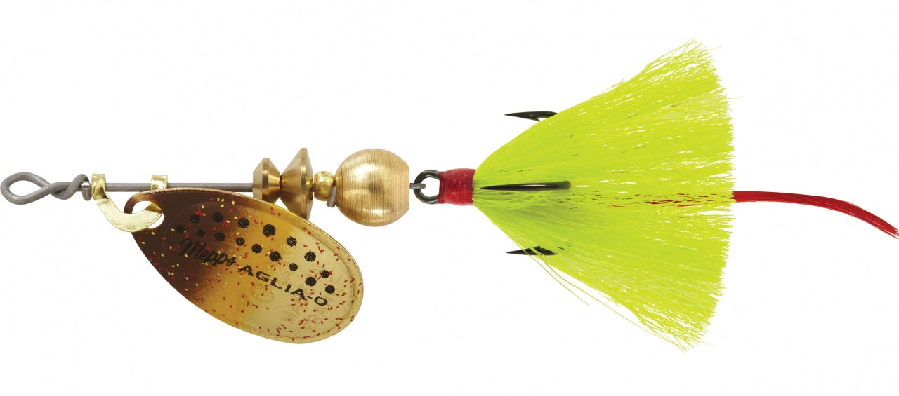 Mepps Dressed Aglia Spinner Brown Trout Blade/Yellow Tail; 1/12 oz