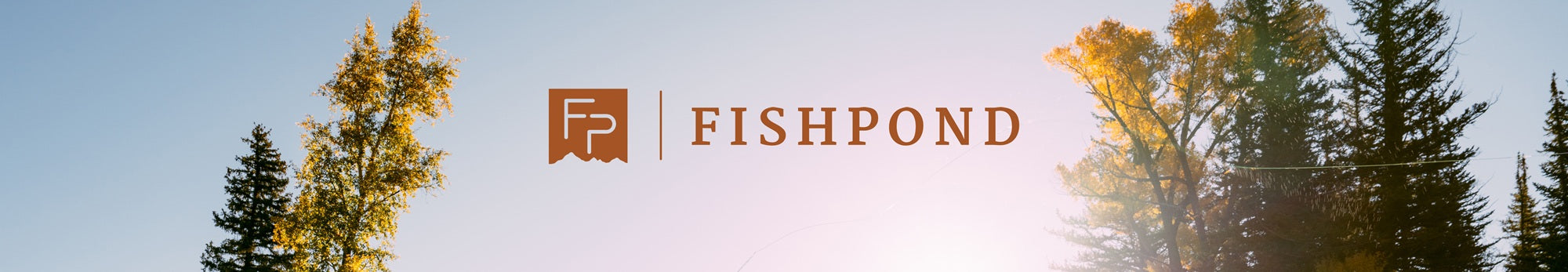 Fishpond logo on a blue sky background with trees on each side.