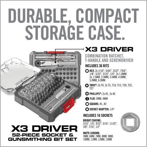 Gun Bit Set X3 Driver 52-Piece Socket & Gunsmithing Bit Set