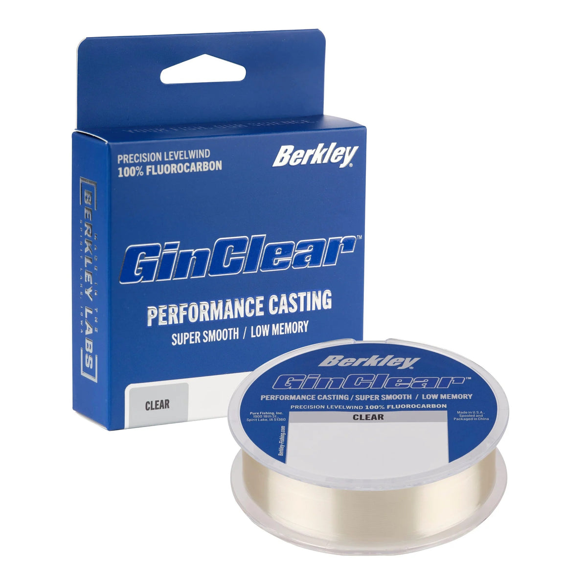 A 200 yard spool of Berkley 8 lb. GinClear Fluorocarbon Fishing Line that is clear.