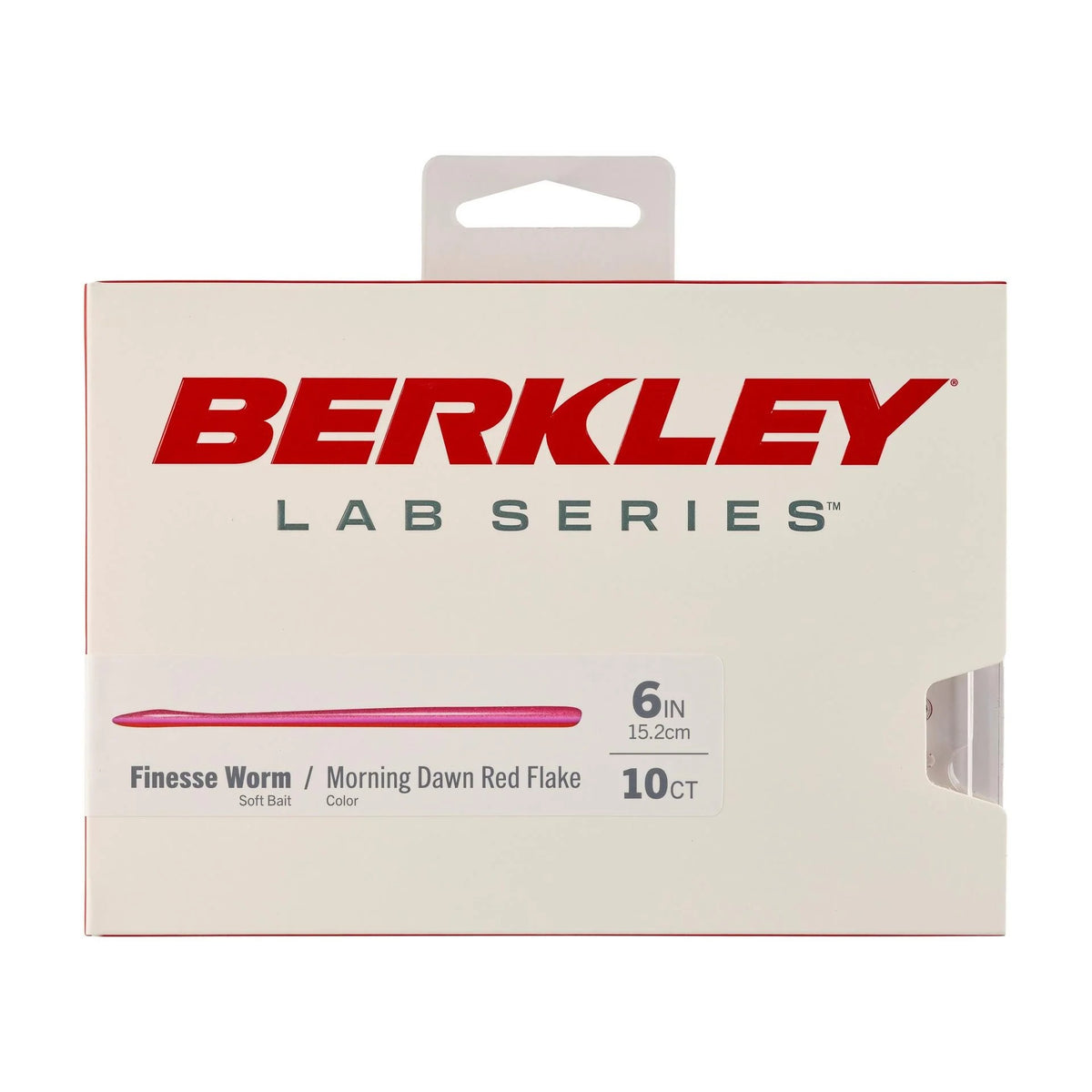The front of the package of the 6 inch Berkley Lab Series Finesse Worm in morning dawn red flake.