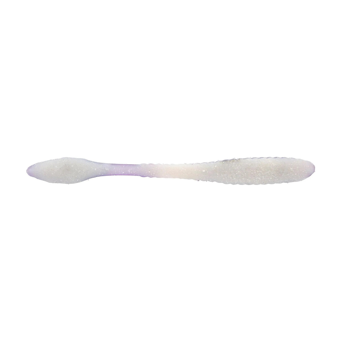 The bottom of a 3.6 inch Berkley Lab Series Flat Worm that is purple and white.