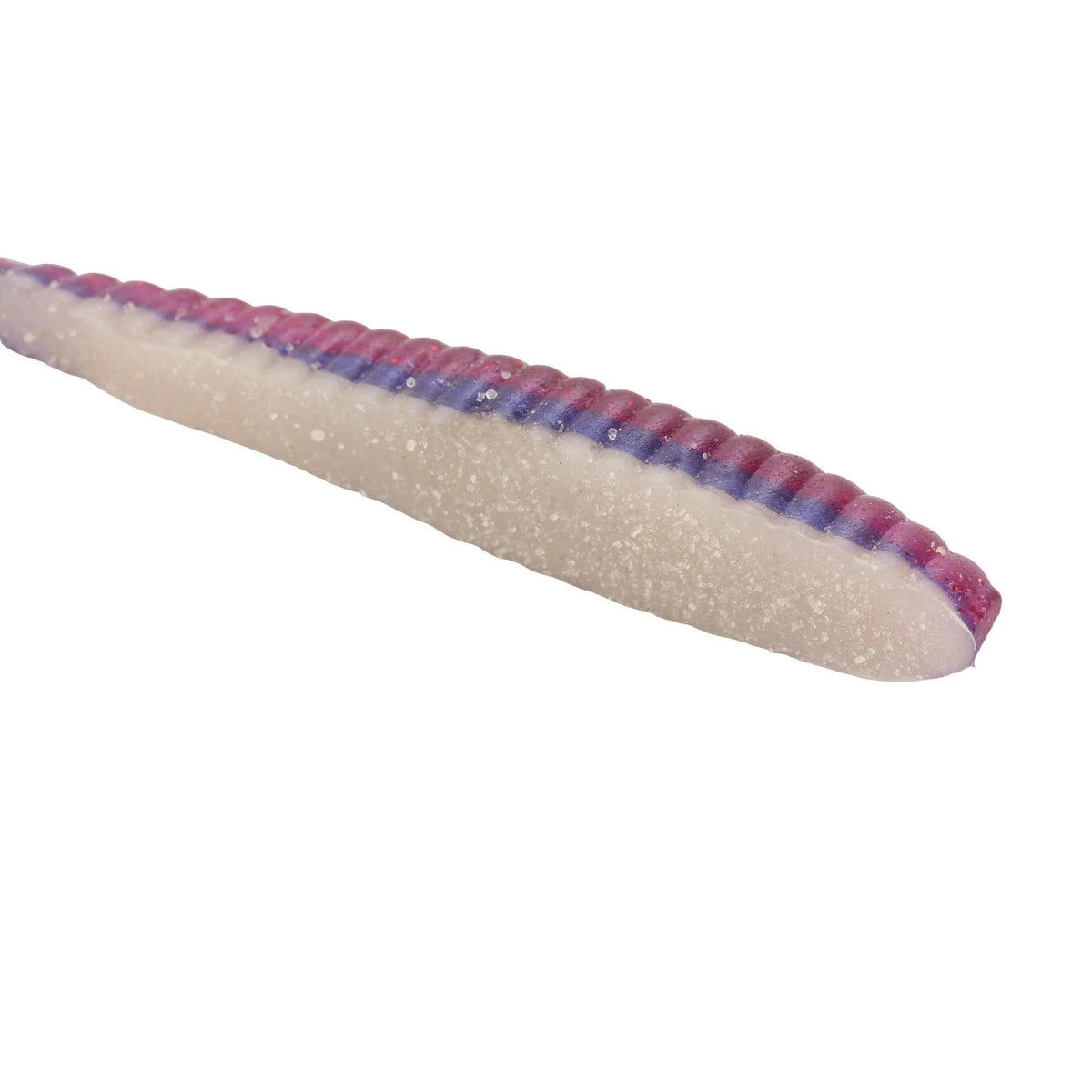 The front of a 3.6 inch Berkley Lab Series Flat Worm that is purple and white.