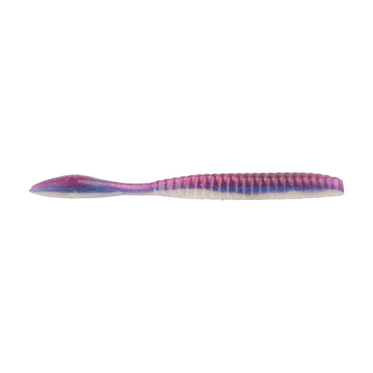 The side of a 3.6 inch Berkley Lab Series Flat Worm that is purple and white.