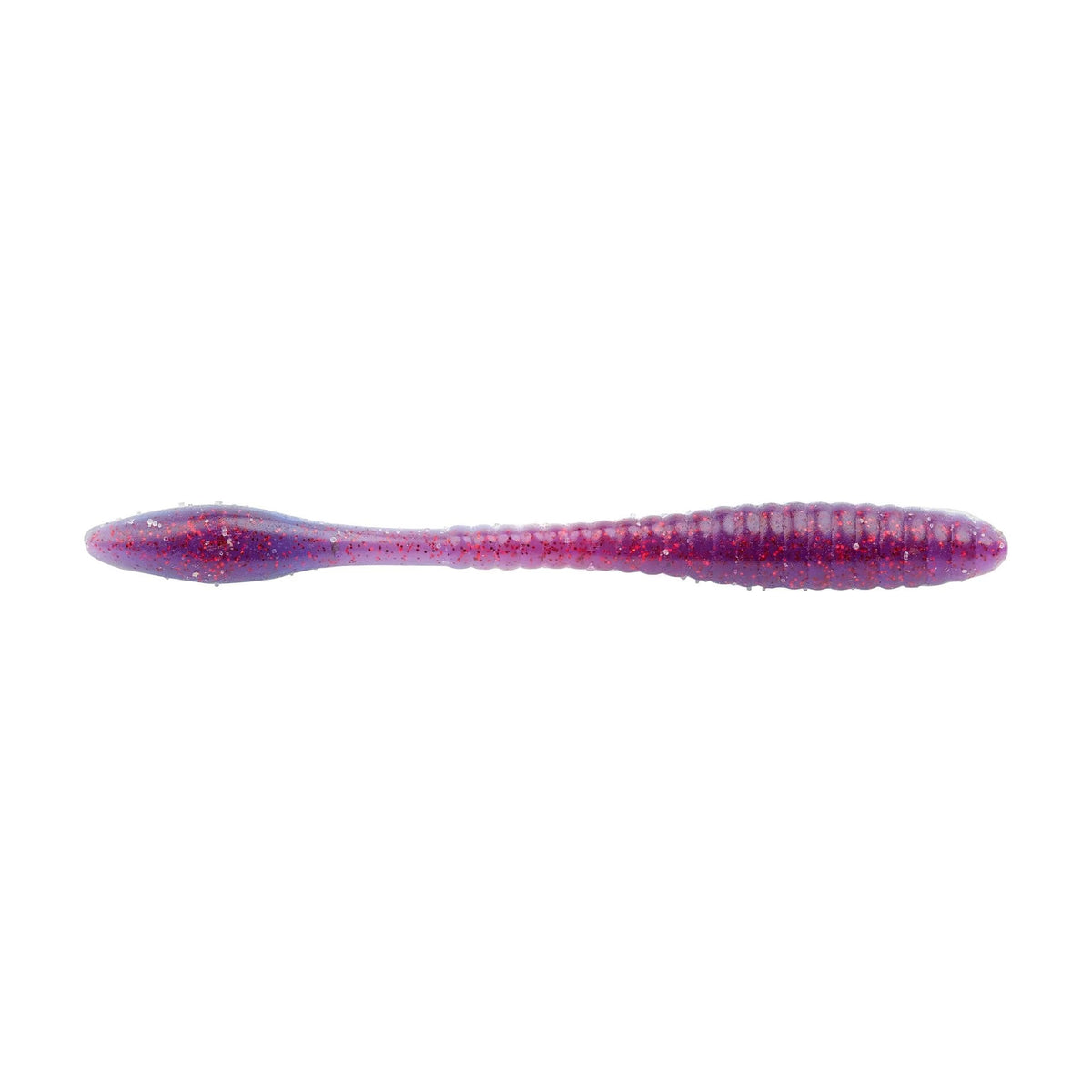 The top of a 3.6 inch Berkley Lab Series Flat Worm that is purple and white.