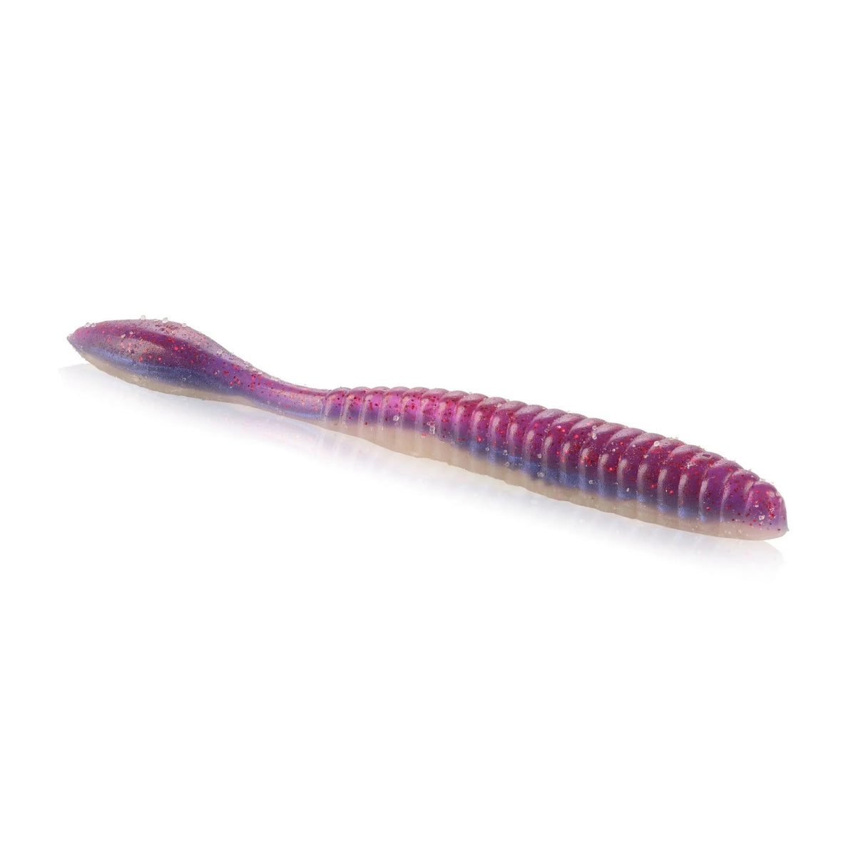 A 3.6 inch Berkley Lab Series Flat Worm that is purple and white.