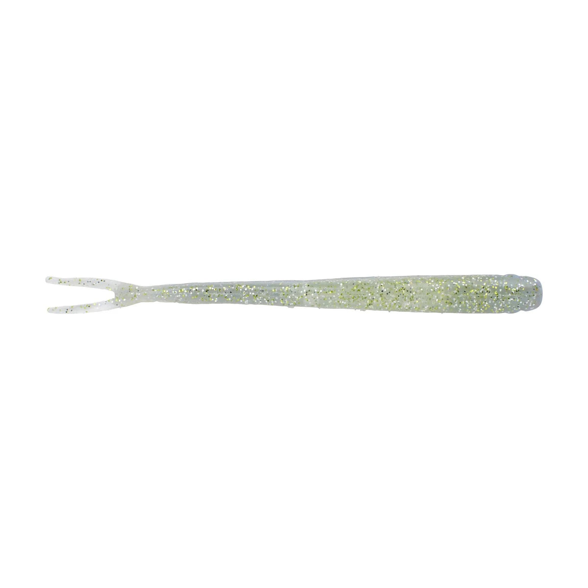 The bottom of a 5.25 inch Berkley Lab Series Minnow that is white and clear.