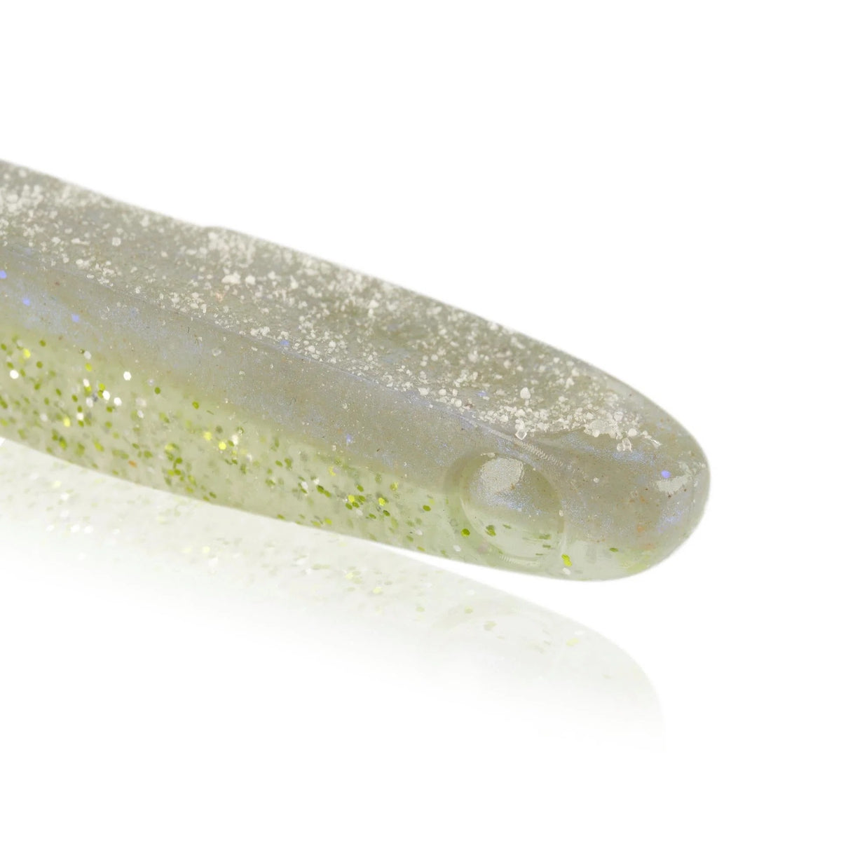 The front of a 5.25 inch Berkley Lab Series Minnow that is white and clear.