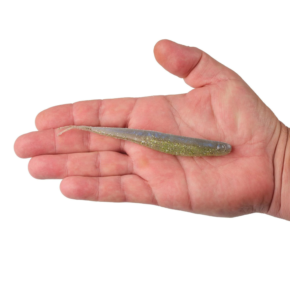 A hand holding a 5.25 inch Berkley Lab Series Minnow that is white and clear.