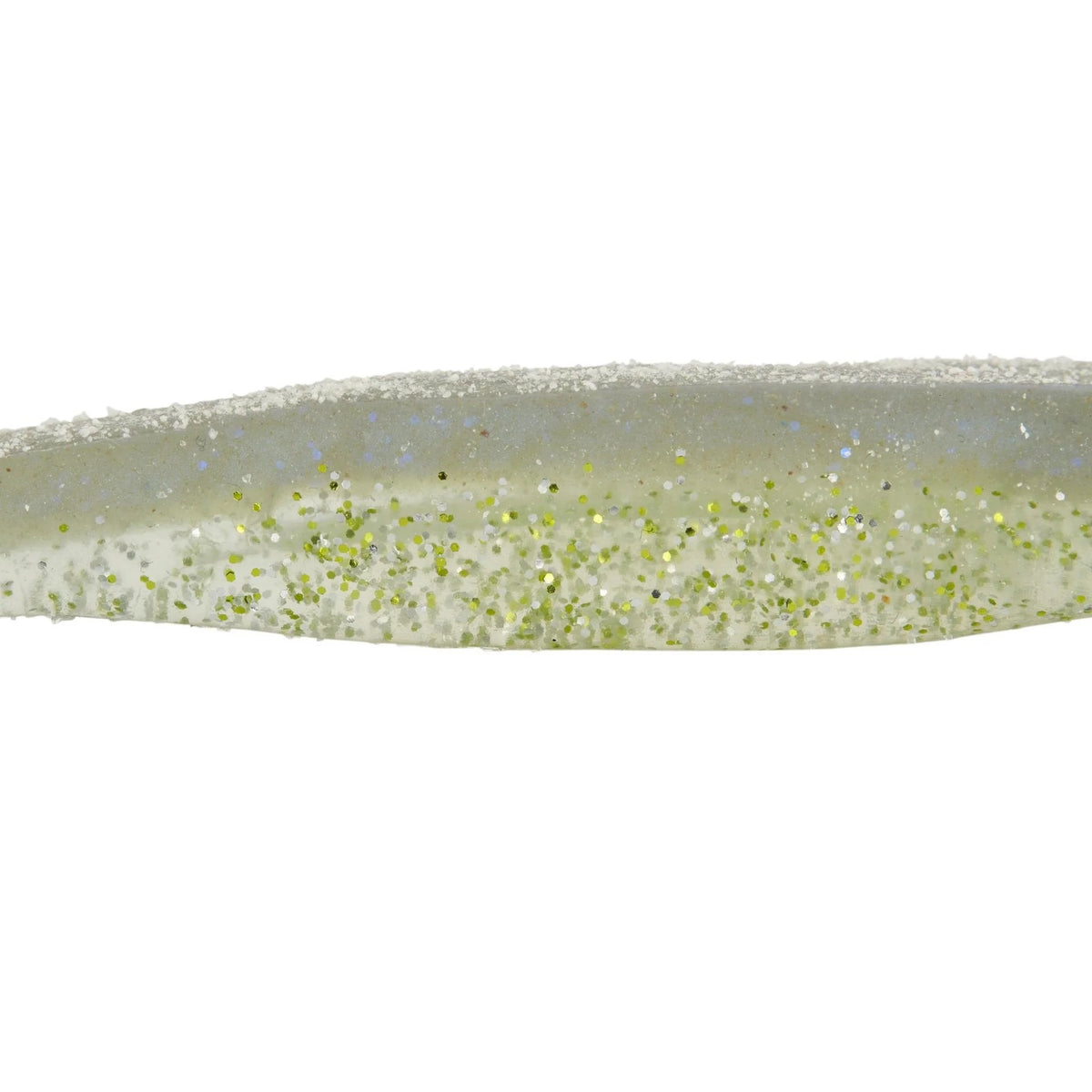 The middle of a 5.25 inch Berkley Lab Series Minnow that is white and clear.