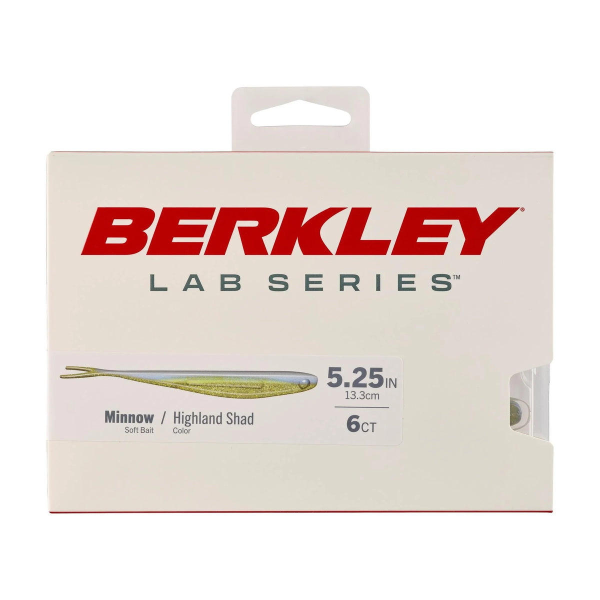 The front of the package for a 5.25 inch Berkley Lab Series Minnow in highland shad.