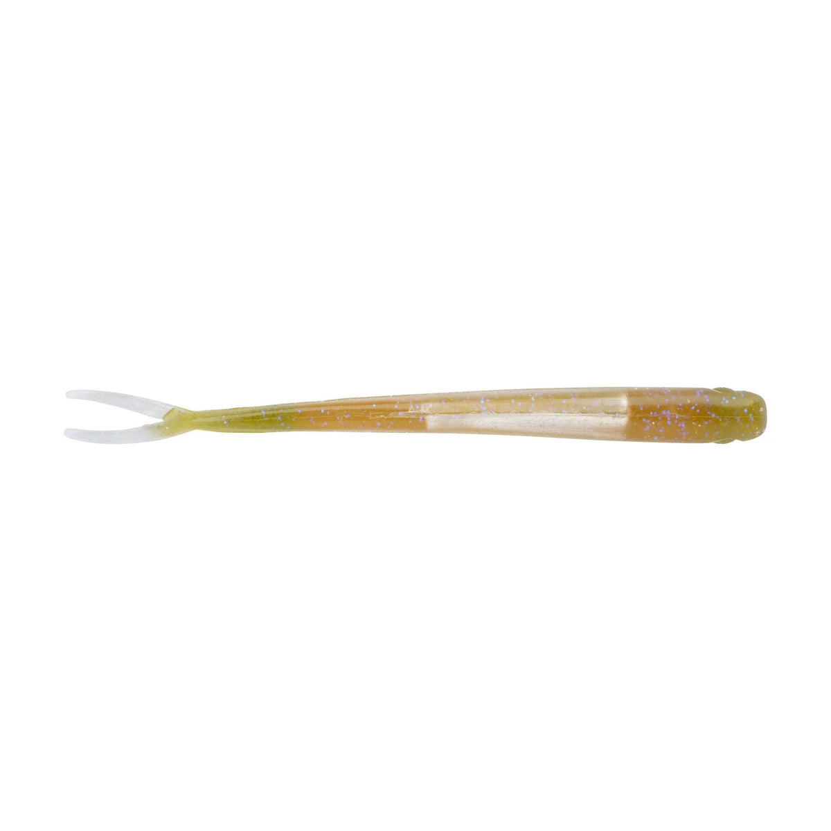 The bottom of a 5.25 inch Berkley Lab Series Minnow that is green and clear.