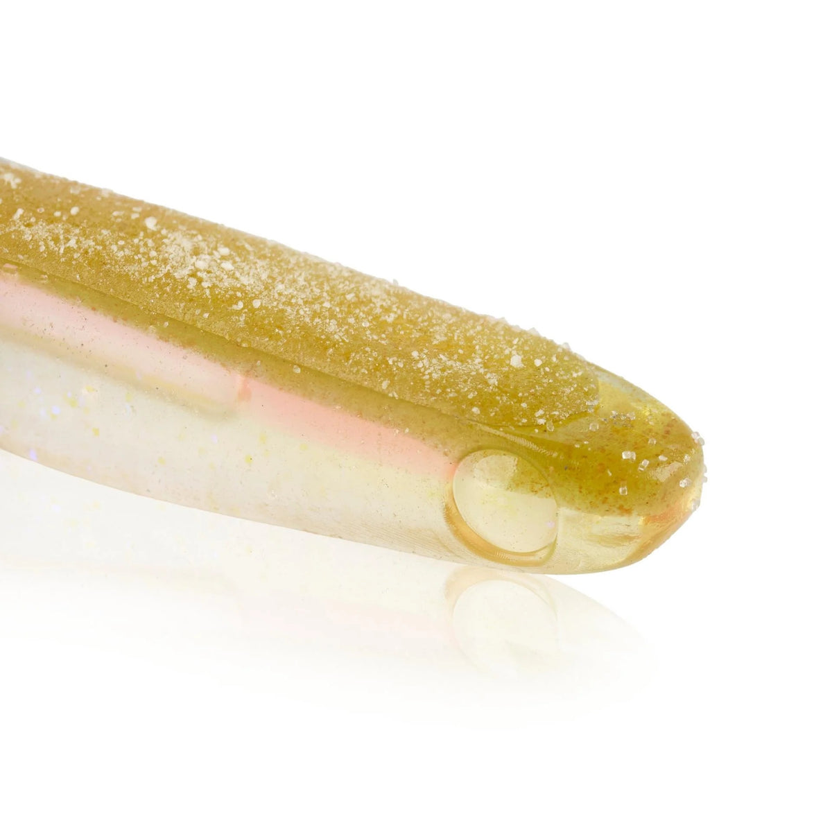The front of a 5.25 inch Berkley Lab Series Minnow that is green and clear.