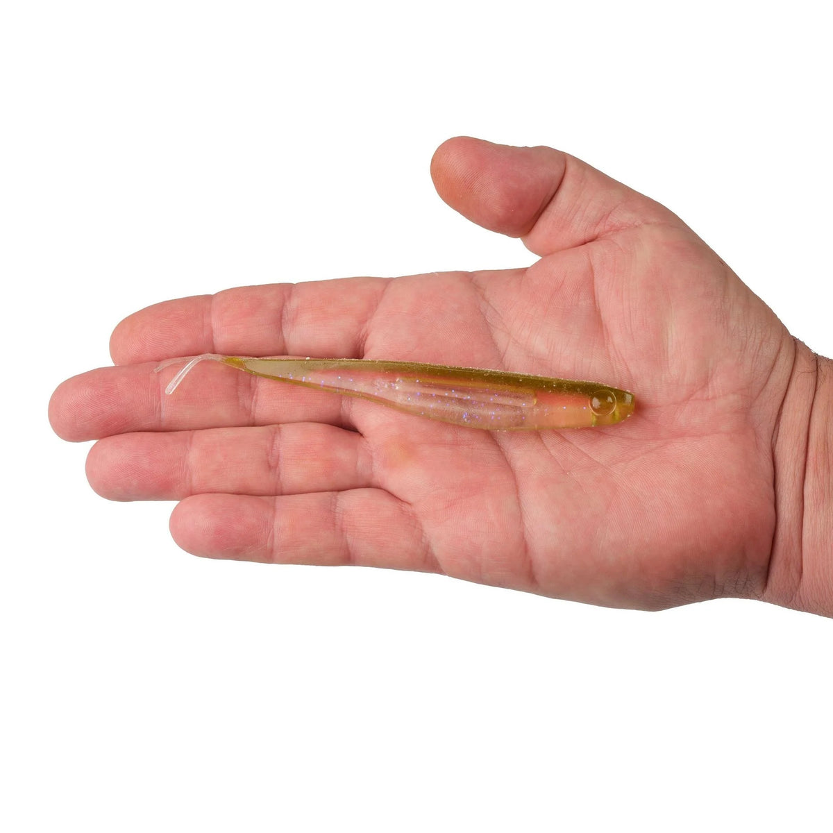 A hand holding a 5.25 inch Berkley Lab Series Minnow that is green and clear.