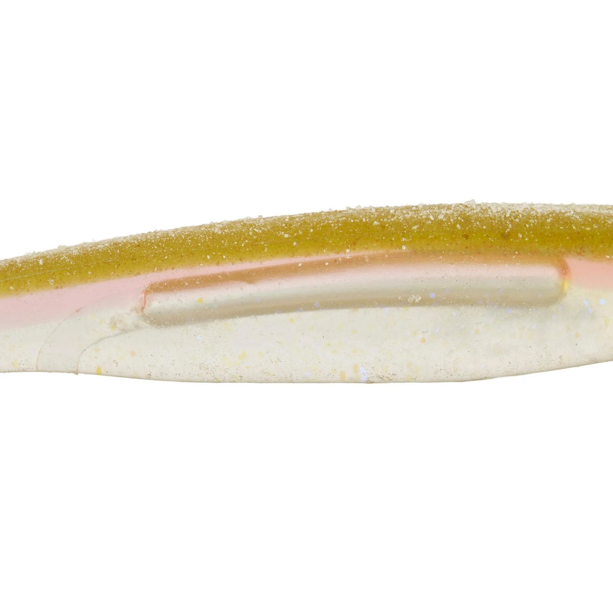 The middle of a 5.25 inch Berkley Lab Series Minnow that is green and clear.