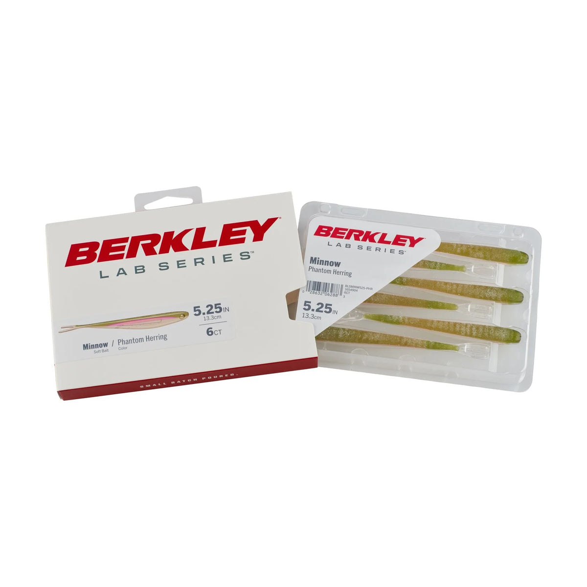 The open package for a 5.25 inch Berkley Lab Series Minnow in phantom herring.