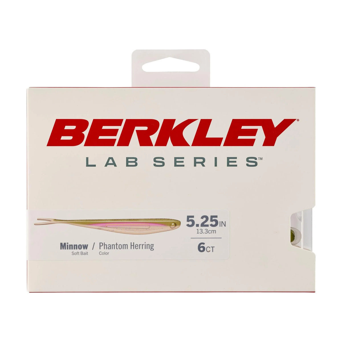 The front of the package for a 5.25 inch Berkley Lab Series Minnow in phantom herring.