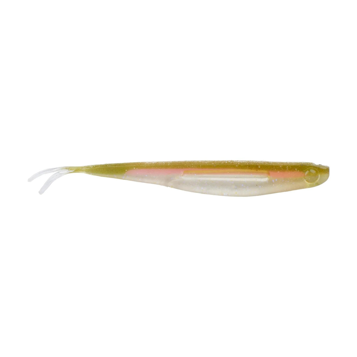 The side of a 5.25 inch Berkley Lab Series Minnow that is green and clear.