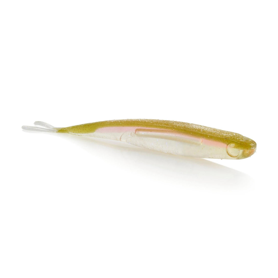 A 5.25 inch Berkley Lab Series Minnow that is green and clear.
