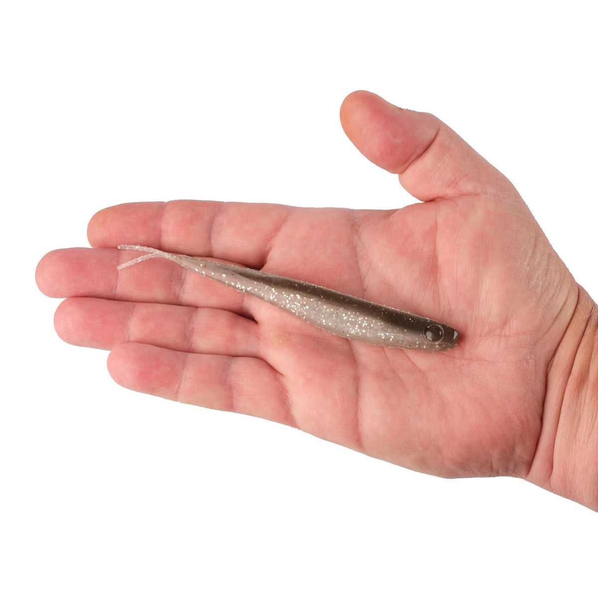 A hand holding a 5.25 inch Berkley Lab Series Minnow that is silver and brown.