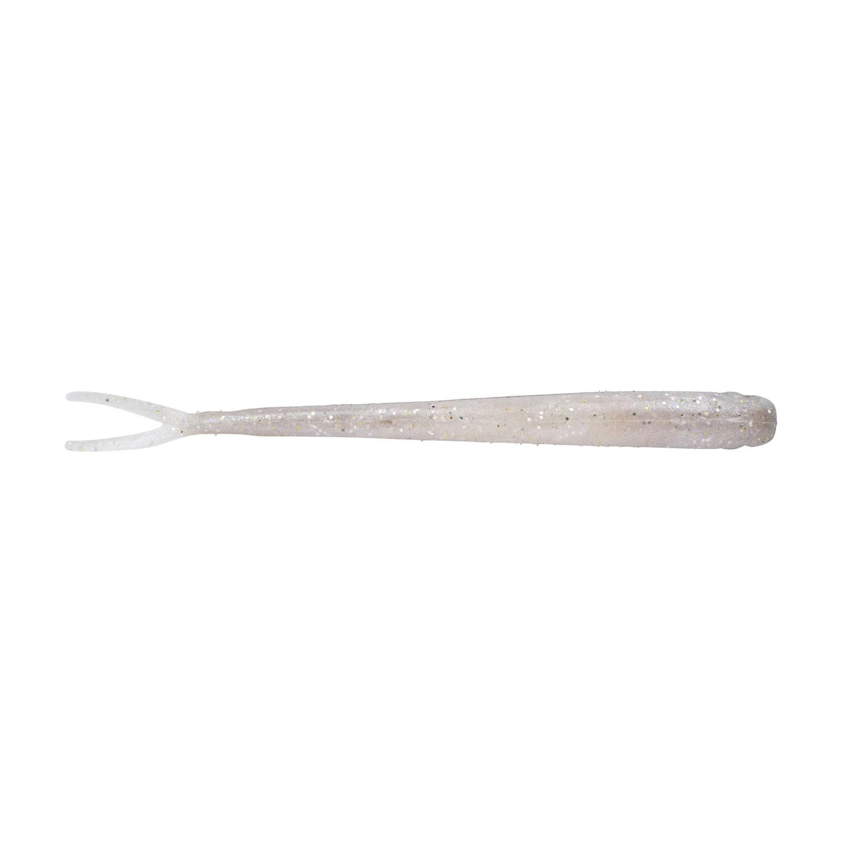 The bottom of a 5.25 inch Berkley Lab Series Minnow that is gray and white.