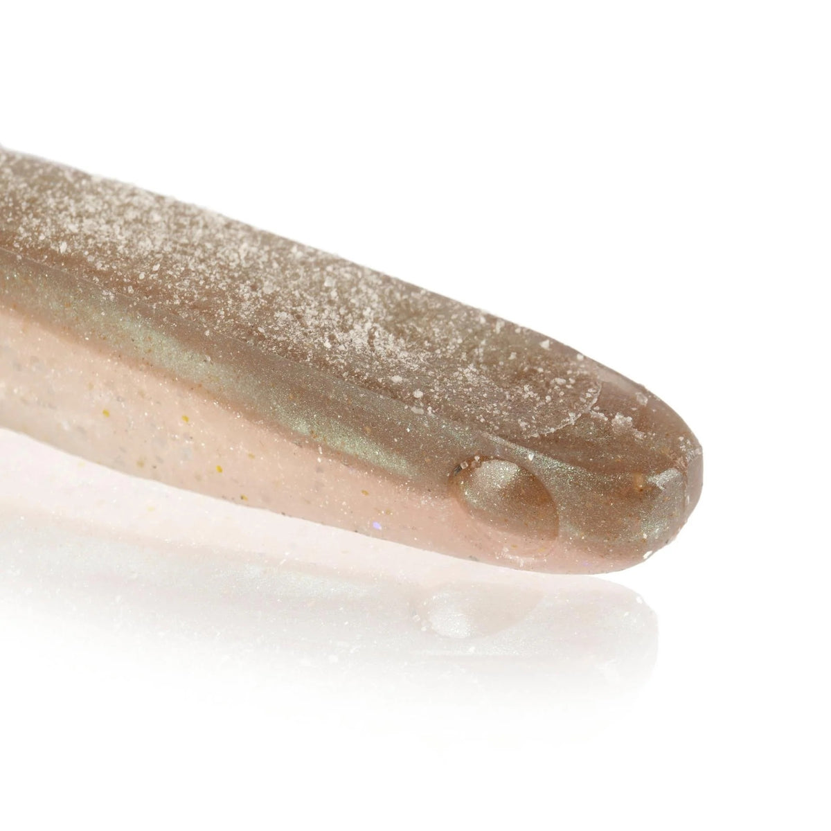 The front of a 5.25 inch Berkley Lab Series Minnow that is gray and white.