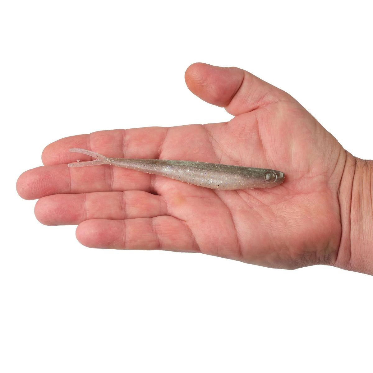 A hand holding a 5.25 inch Berkley Lab Series Minnow that is gray and white.