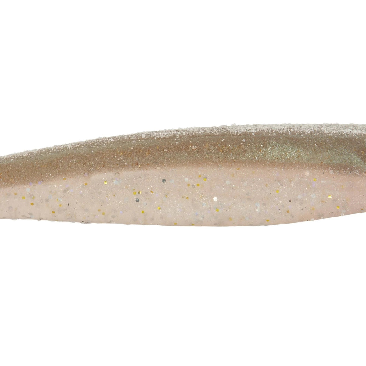 The middle of a 5.25 inch Berkley Lab Series Minnow that is gray and white.