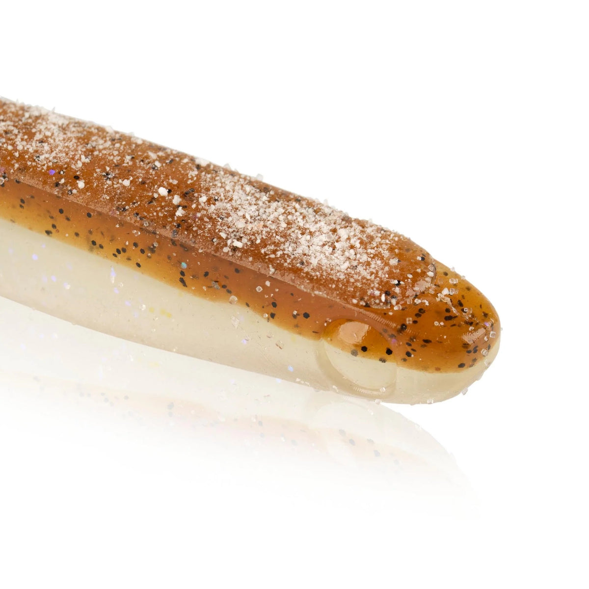 The front of a 5.25 inch Berkley Lab Series Minnow that is brown and white.