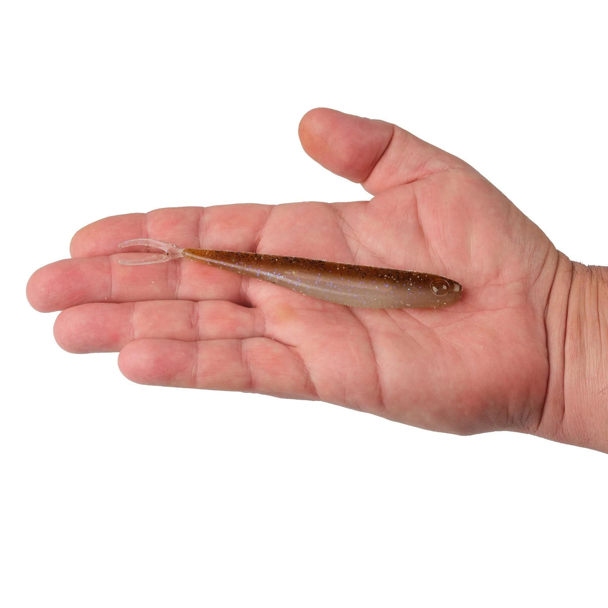 A hand holding a 5.25 inch Berkley Lab Series Minnow that is brown and white.