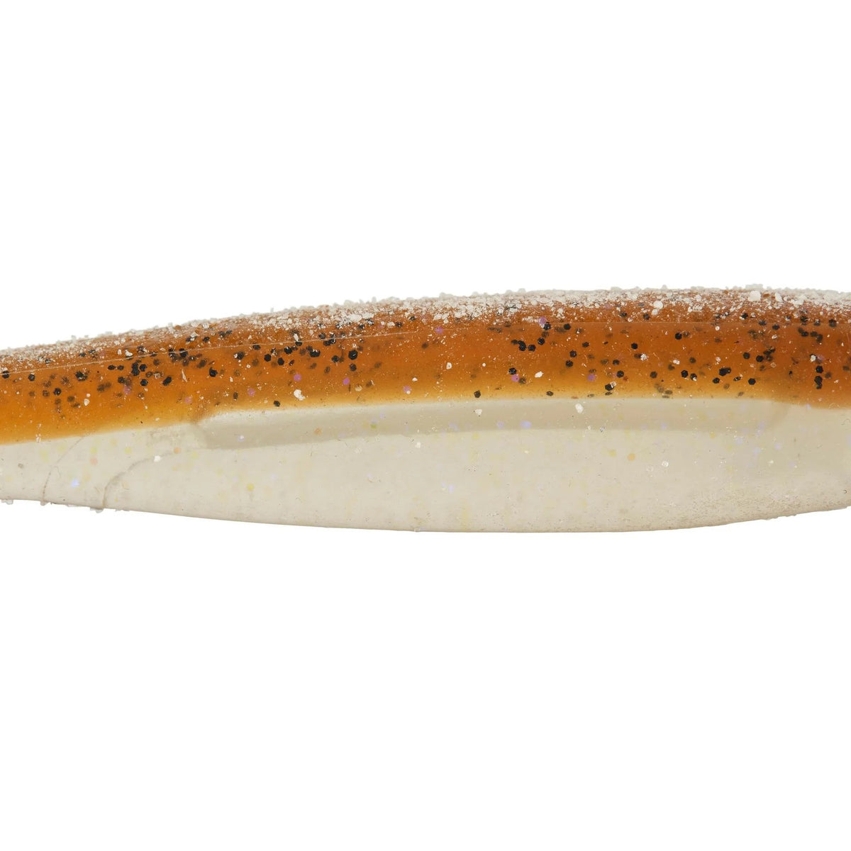The middle of a 5.25 inch Berkley Lab Series Minnow that is brown and white.