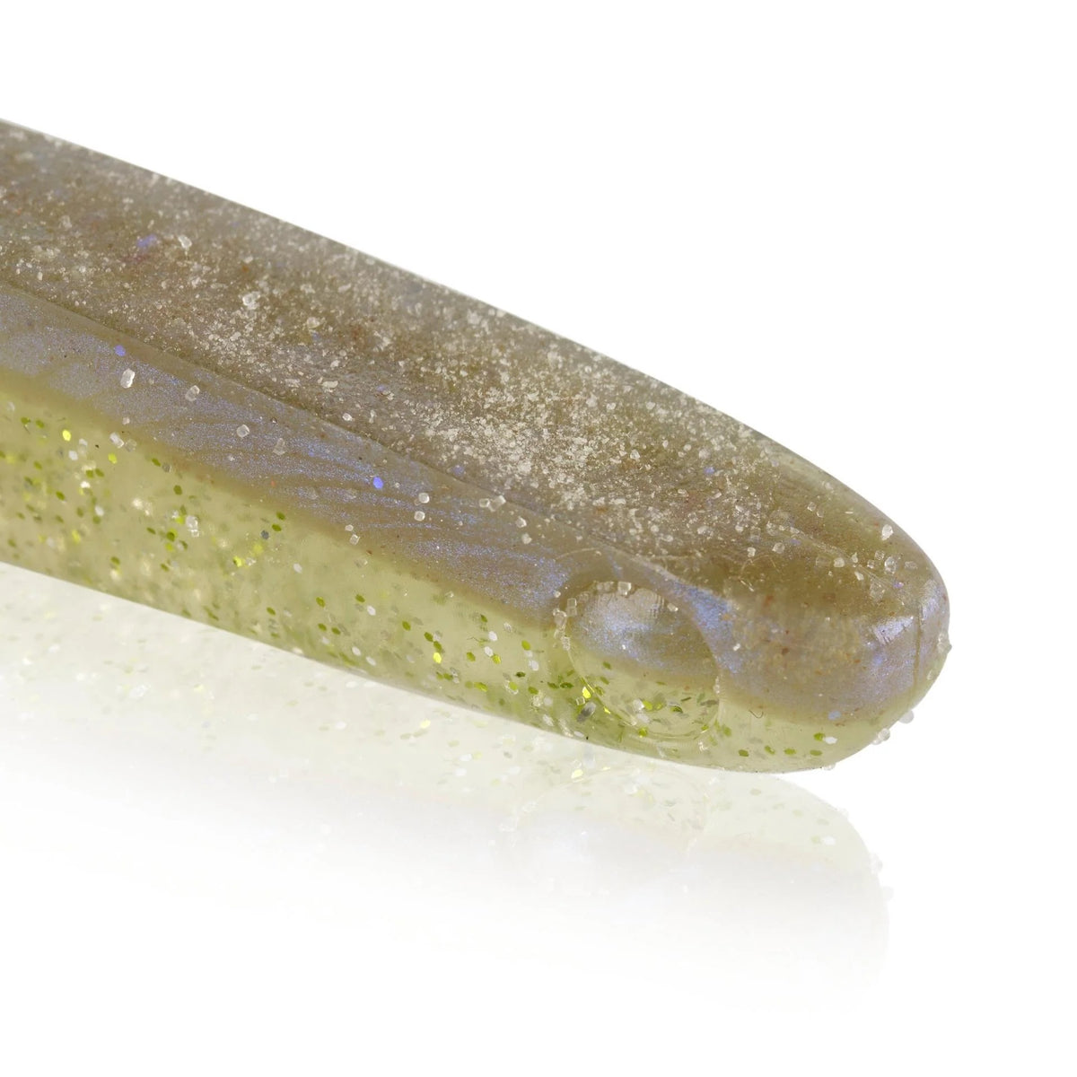 The front of a 6.5 inch Berkley Lab Series Minnow that is white and clear.