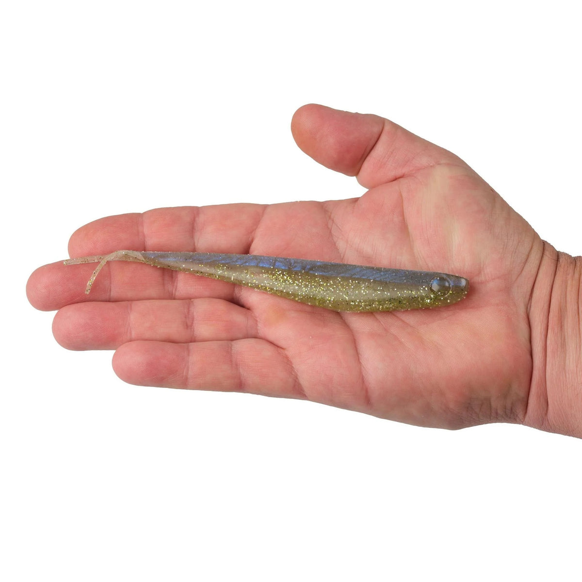 A hand holding a 6.5 inch Berkley Lab Series Minnow that is white and clear.