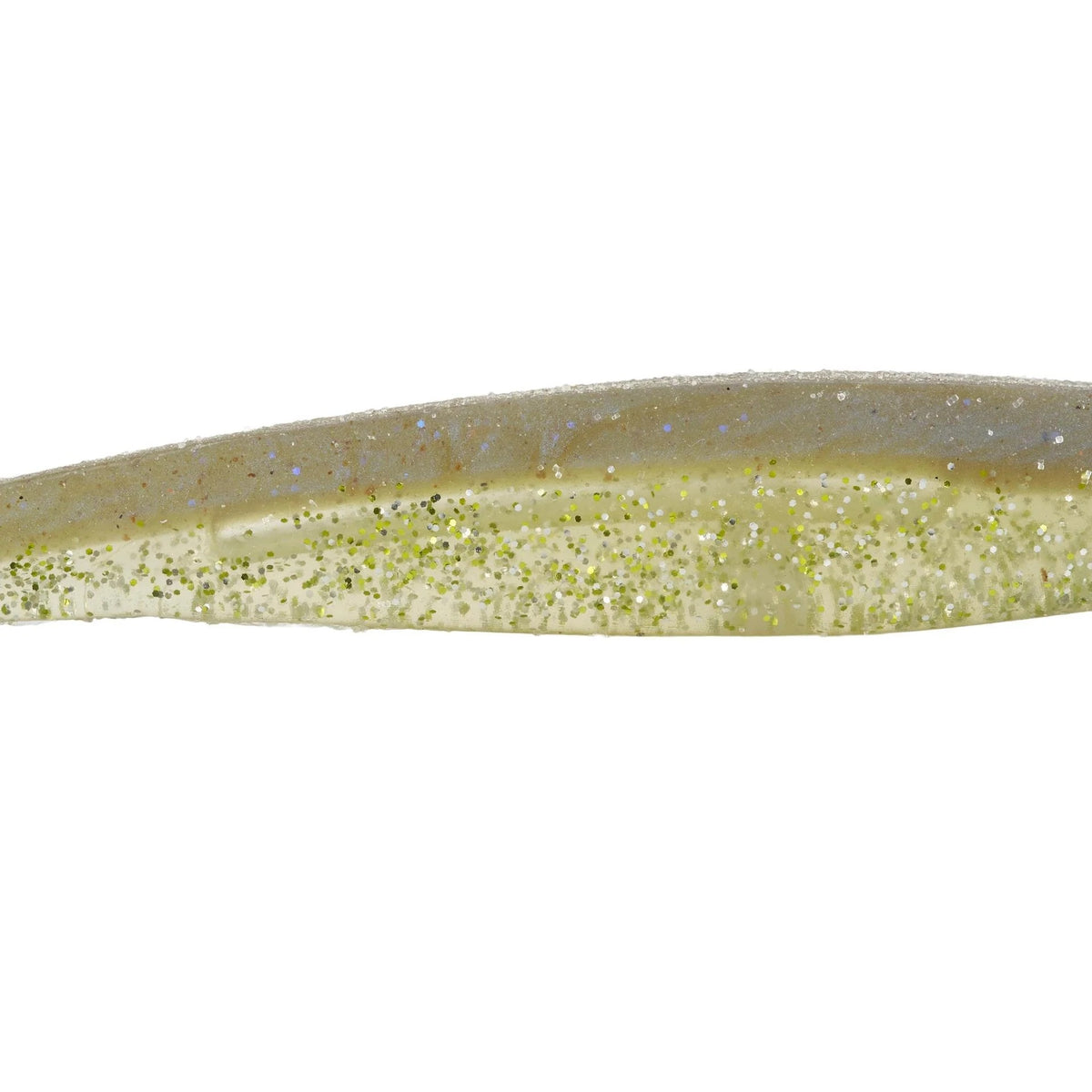 The middle of a 6.5 inch Berkley Lab Series Minnow that is white and clear.