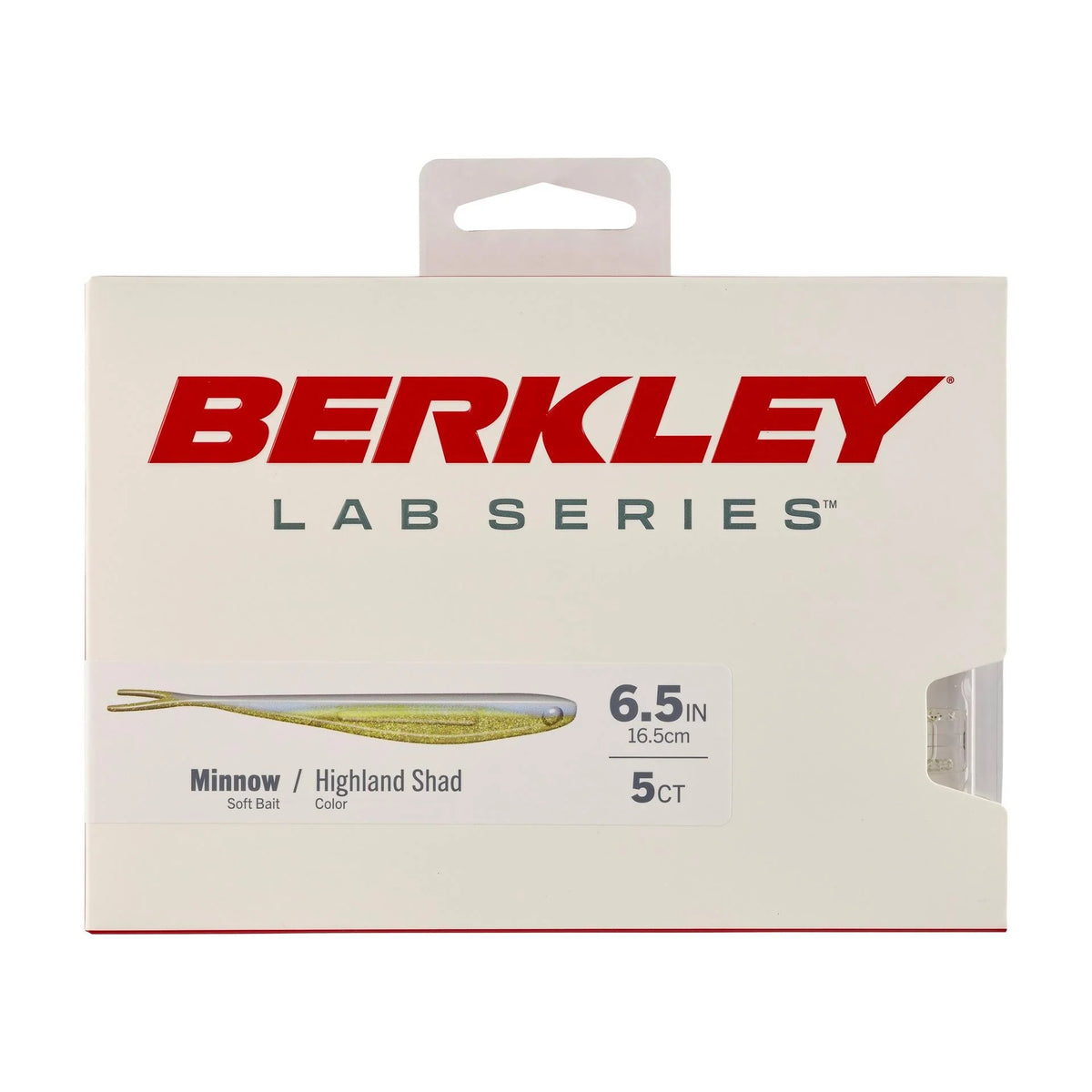 The front of the package for a 6.5 inch Berkley Lab Series Minnow in highland shad.