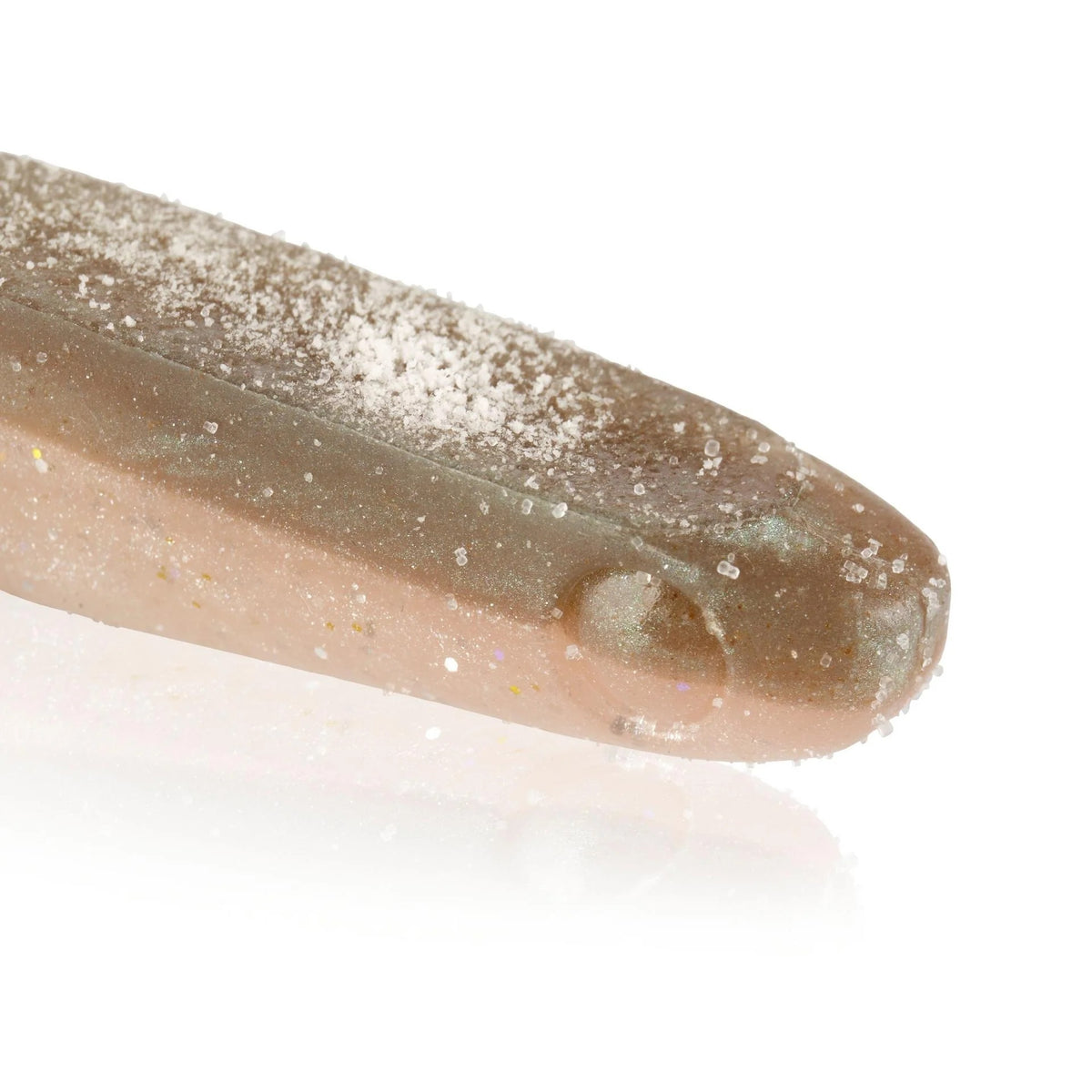 The front of a 6.5 inch Berkley Lab Series Minnow that is gray and white.