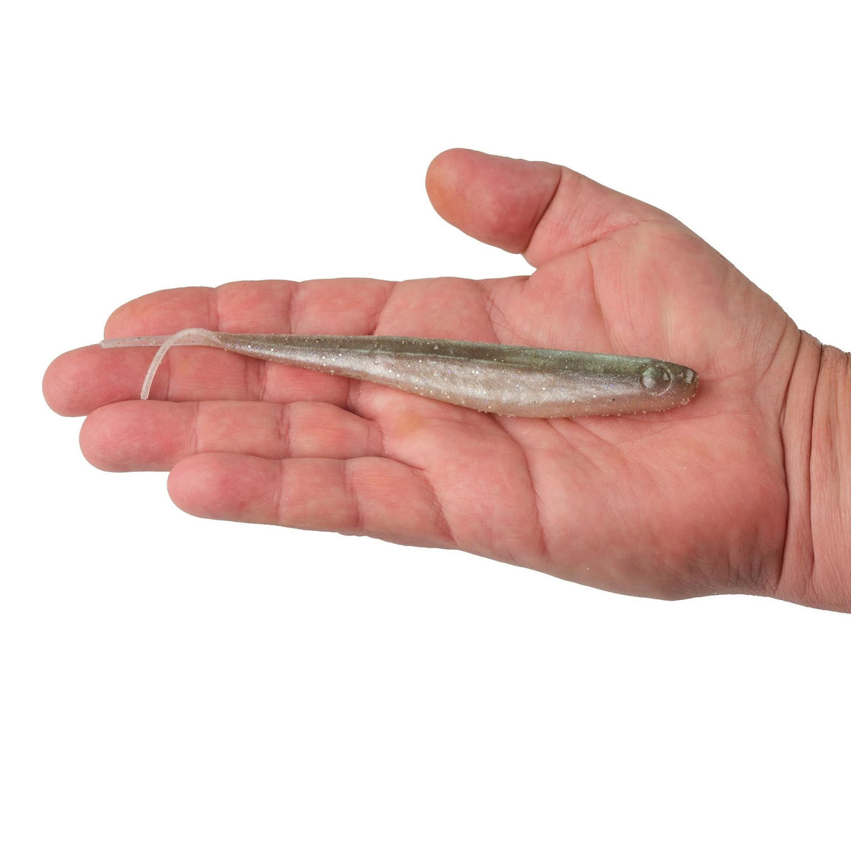 A hand holding a 6.5 inch Berkley Lab Series Minnow that is gray and white.