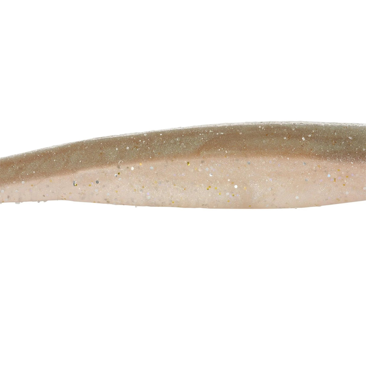 The middle of a 6.5 inch Berkley Lab Series Minnow that is gray and white.