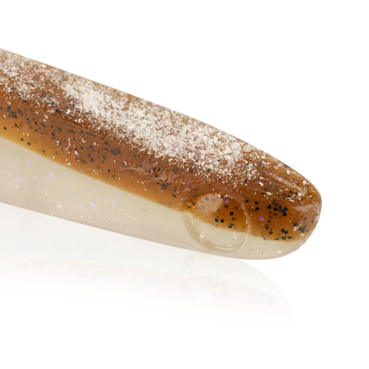 The front of a 6.5 inch Berkley Lab Series Minnow that is brown and white.