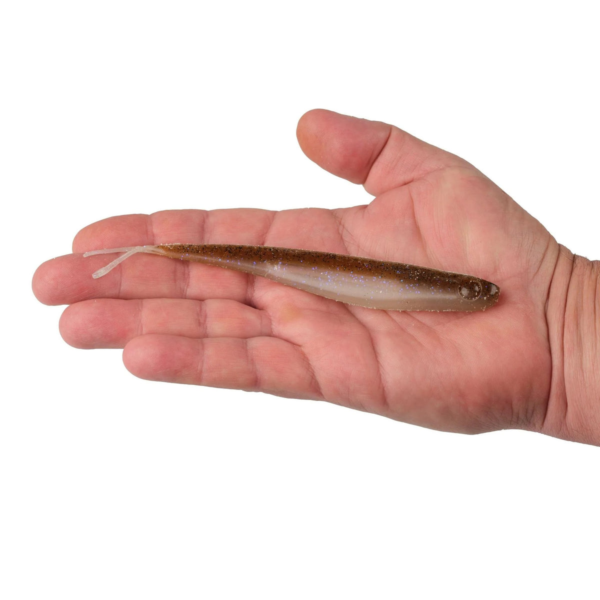 A hand holding a 6.5 inch Berkley Lab Series Minnow that is brown and white.