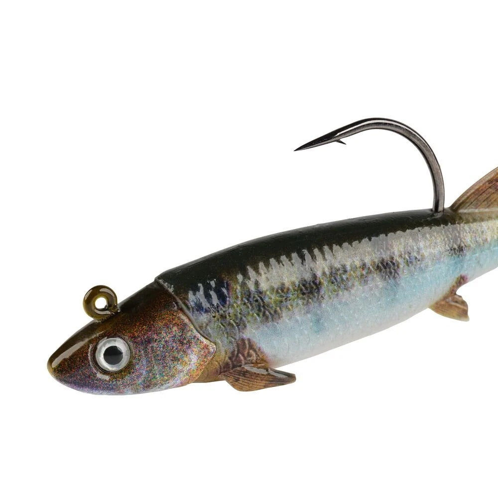 The front of a 2 inch Berkley PowerBait Minnotator Grub that is green with a blue and white belly.