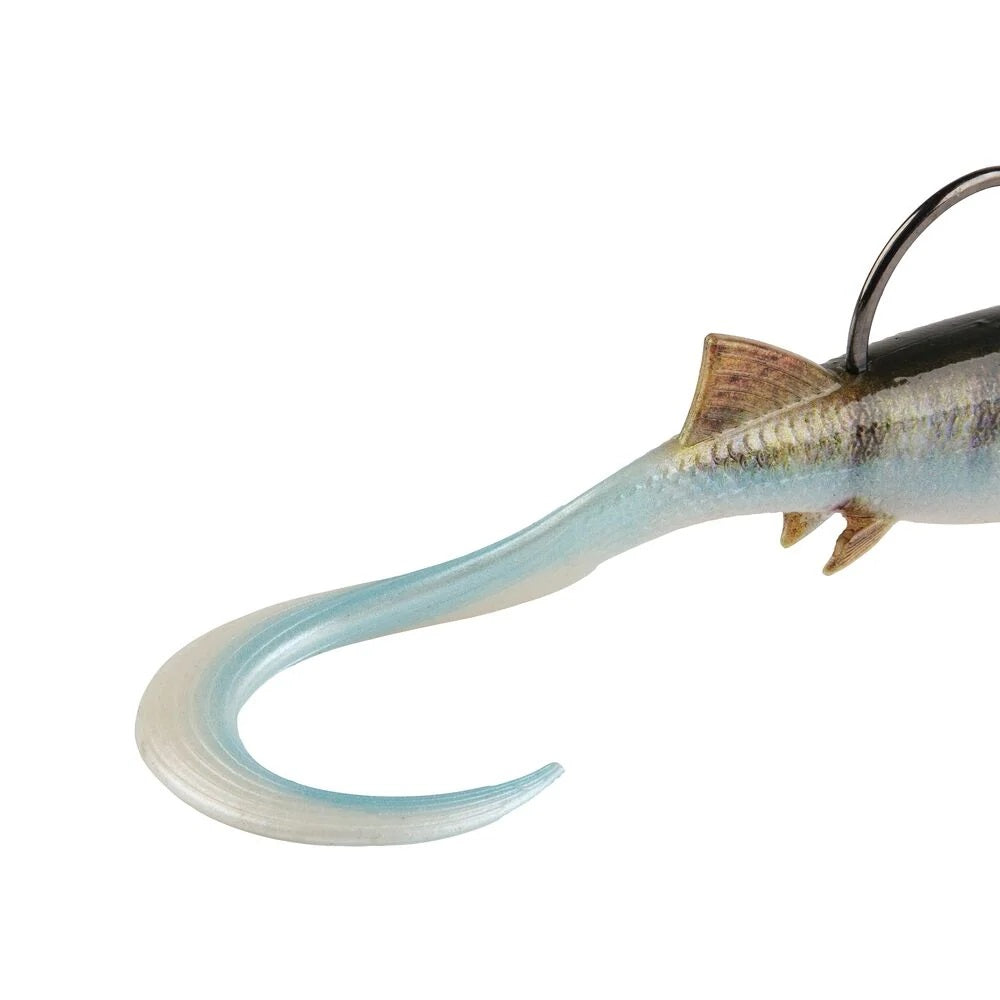 The tail of a 2 inch Berkley PowerBait Minnotator Grub that is green with a blue and white belly.