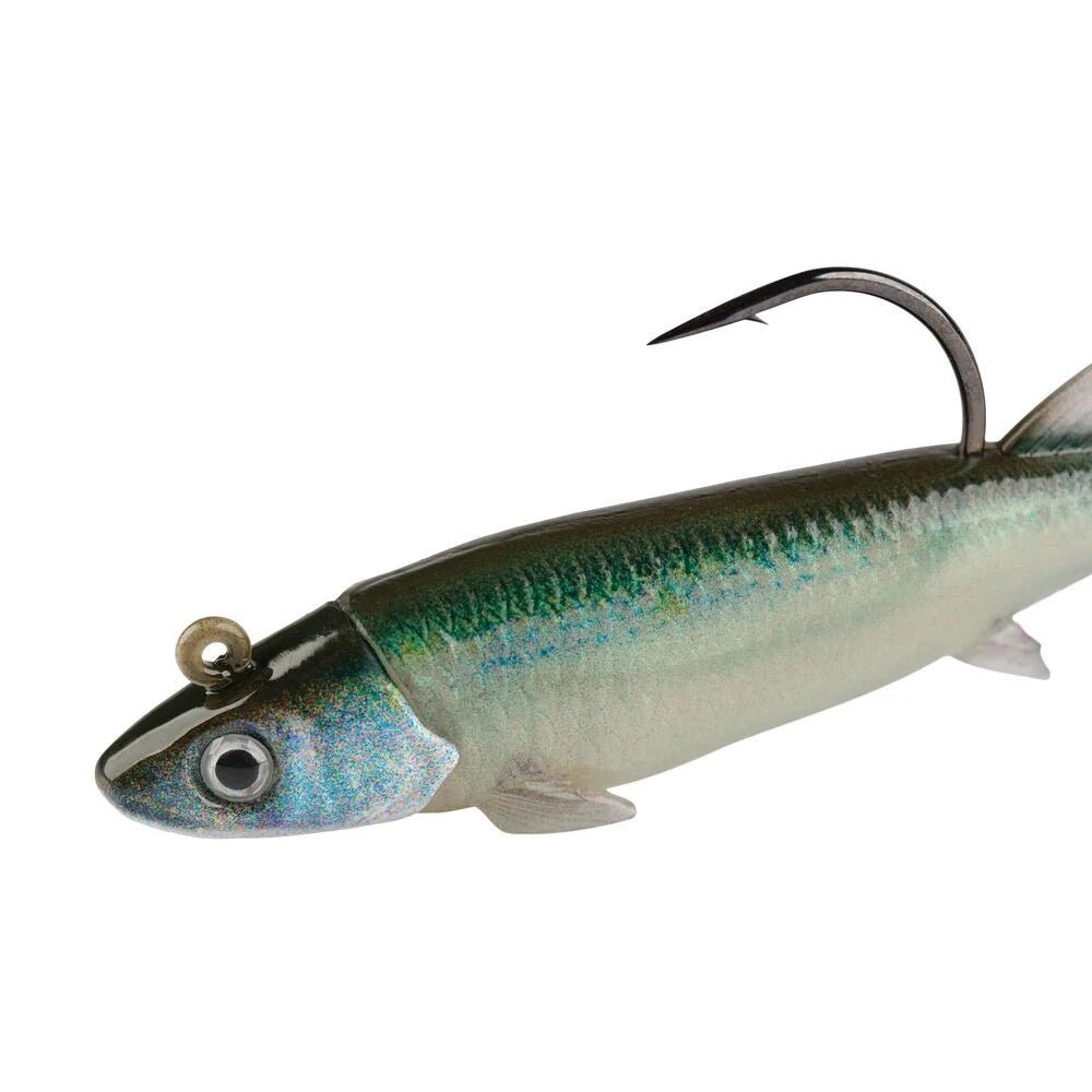 The front of a 2 inch Berkley PowerBait Minnotator Grub that is green with a white belly.