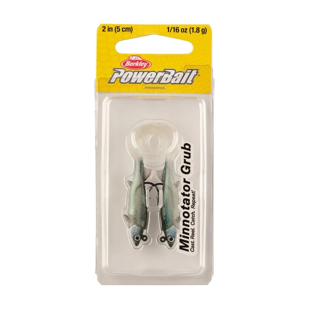 The package for a 2 inch Berkley PowerBait Minnotator Grub that is green with a white belly.
