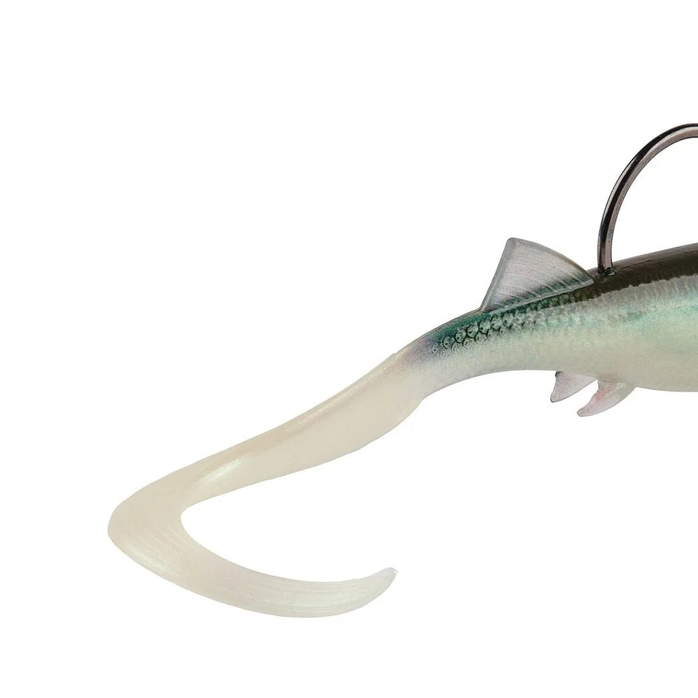 The tail of a 2 inch Berkley PowerBait Minnotator Grub that is green with a white belly.