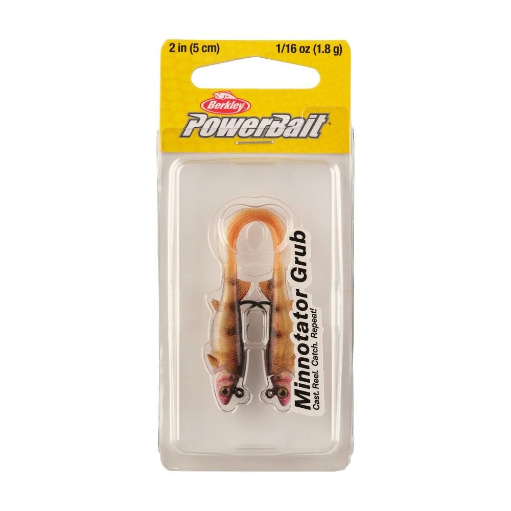 The package for a 2 inch Berkley PowerBait Minnotator Grub that is orange.