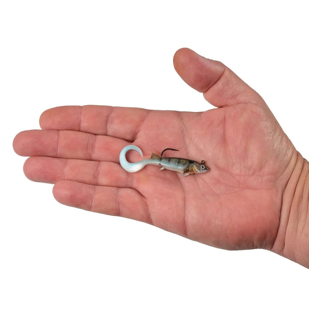 A hand holding a 2.5 inch Berkley PowerBait Minnotator Grub that is green with a blue and white belly.