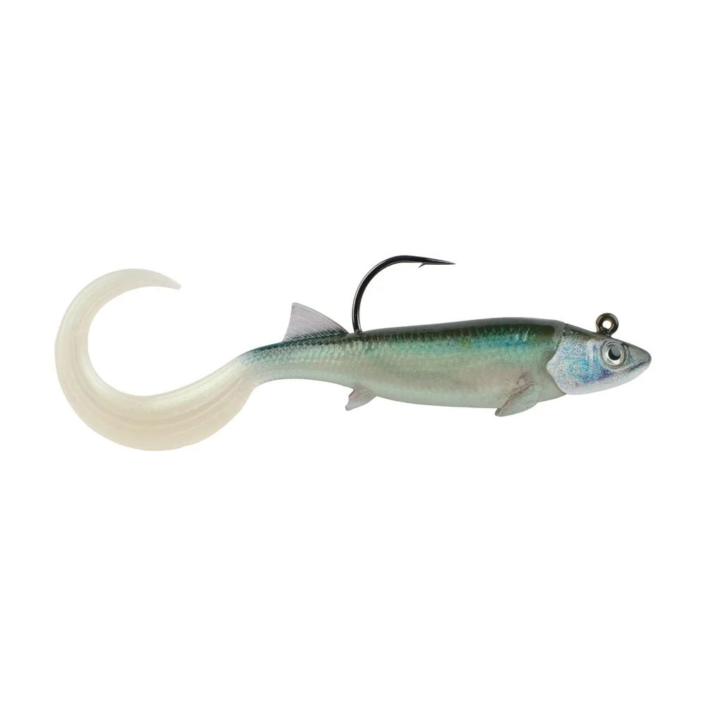 A 2.5 inch Berkley PowerBait Minnotator Grub that is green with a white belly.