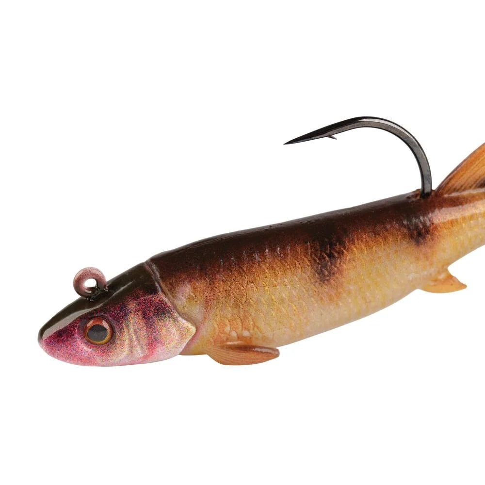 The front of a 2.5 inch Berkley PowerBait Minnotator Grub that is orange.
